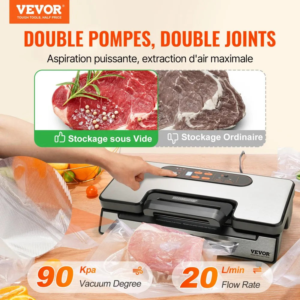 VEVOR Vacuum Sealer Machine, 90Kpa 130W Powerful Dual Pump and Dual Sealing, Dry and Moist Food Storage, Automatic and Manual Air Sealing System with Built-in Cutter, with Seal Bag and External Hose