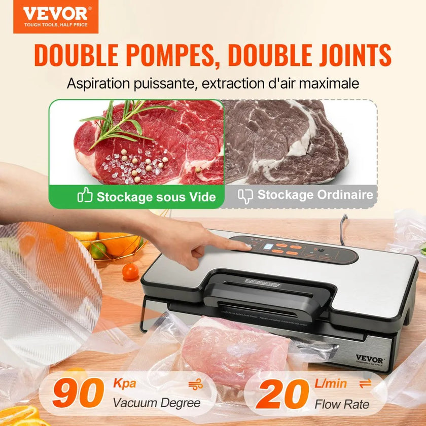 VEVOR Vacuum Sealer Machine, 90Kpa 130W Powerful Dual Pump and Dual Sealing, Dry and Moist Food Storage, Automatic and Manual Air Sealing System with Built-in Cutter, with Seal Bag and External Hose