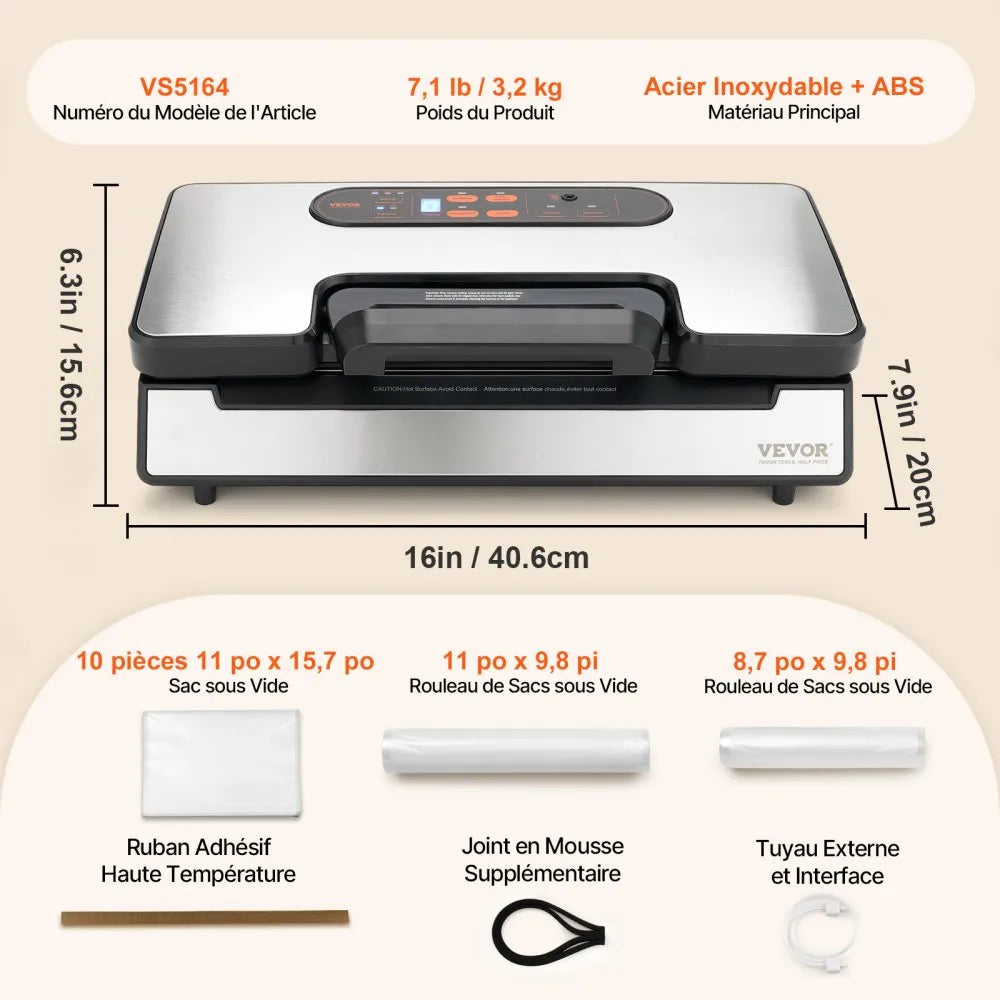 VEVOR Vacuum Sealer Machine, 90Kpa 130W Powerful Dual Pump and Dual Sealing, Dry and Moist Food Storage, Automatic and Manual Air Sealing System with Built-in Cutter, with Seal Bag and External Hose