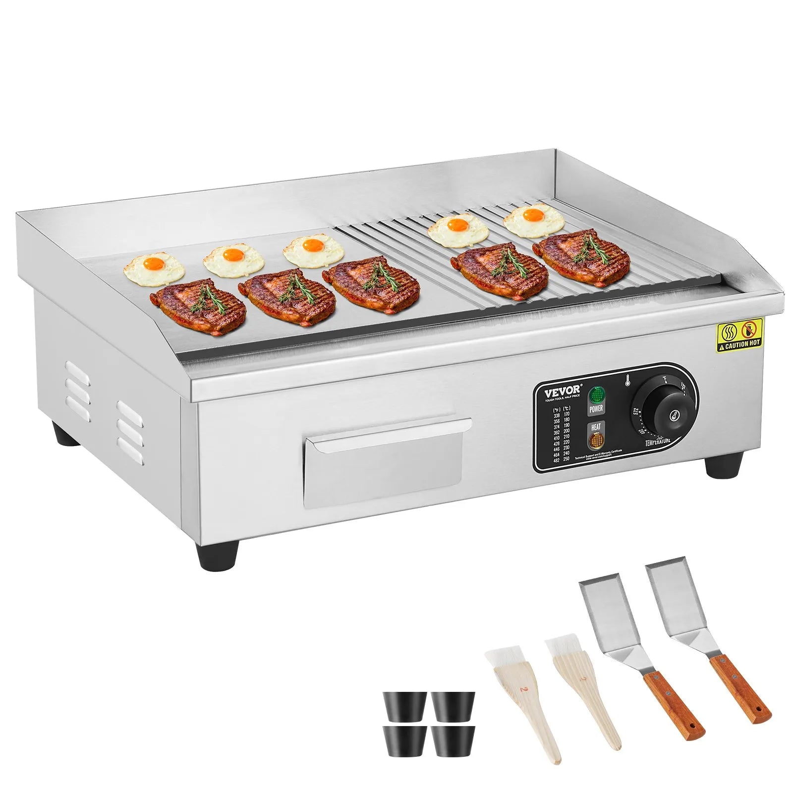 VEVOR Commercial Electric Griddle, 1600W Countertop Half-Flat Top Grill, 122℉-572℉ Adjustable Temp, 21.26x11.81x0.39in Stainless Steel Griddle Grill with 2 Shovels and 2 Brushes for Home or Restaurant