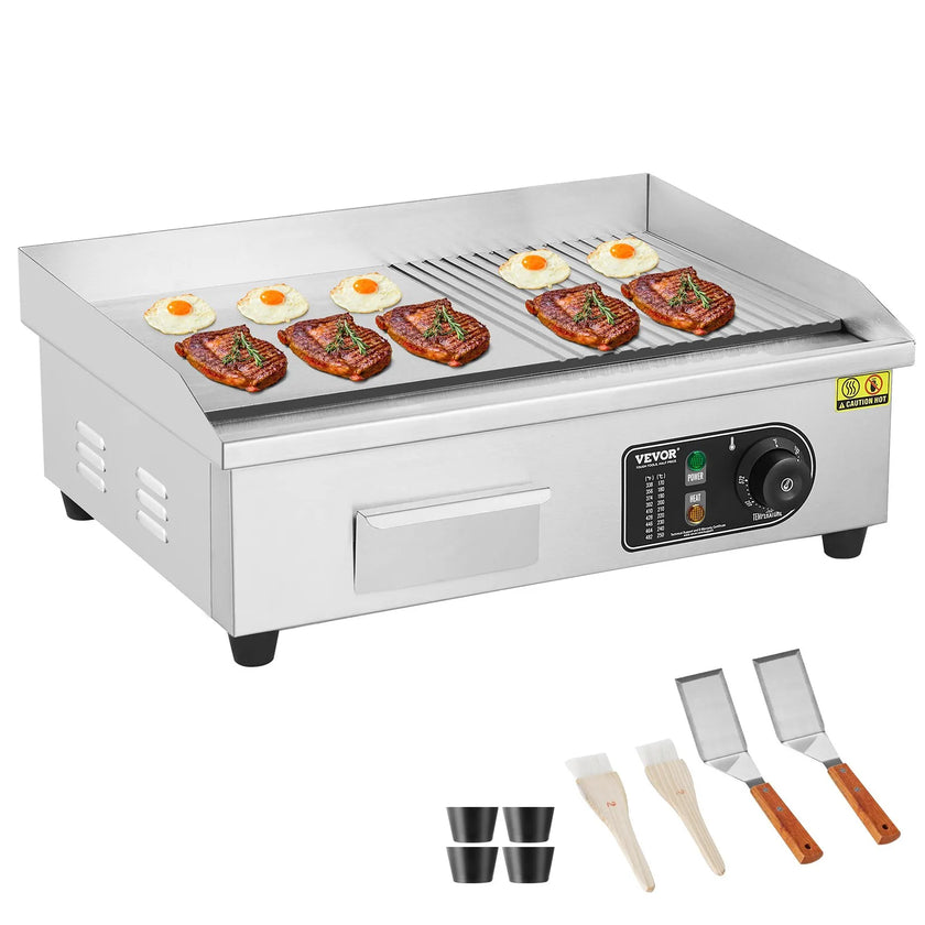 VEVOR Commercial Electric Griddle, 1600W Countertop Half-Flat Top Grill, 122℉-572℉ Adjustable Temp, 21.26x11.81x0.39in Stainless Steel Griddle Grill with 2 Shovels and 2 Brushes for Home or Restaurant