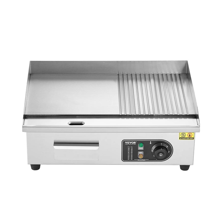 VEVOR Commercial Electric Griddle, 1600W Countertop Half-Flat Top Grill, 122℉-572℉ Adjustable Temp, 21.26x11.81x0.39in Stainless Steel Griddle Grill with 2 Shovels and 2 Brushes for Home or Restaurant