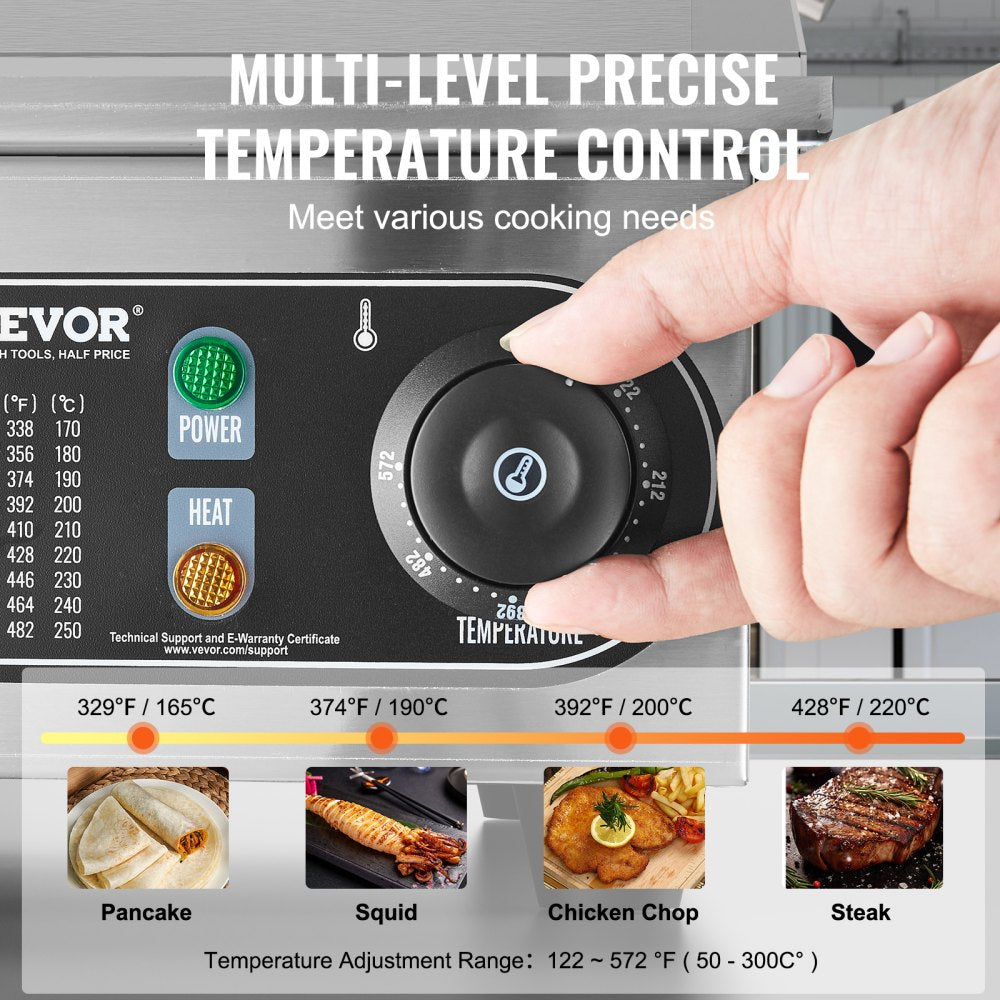 VEVOR Commercial Electric Griddle, 2800W Countertop Half-Flat Top Grill, 122?-572? Adjustable Temp, 28.74x15.75x0.39in Stainless Steel Griddle Grill with 2 Shovels and 2 Brushes for Home or Restaurant