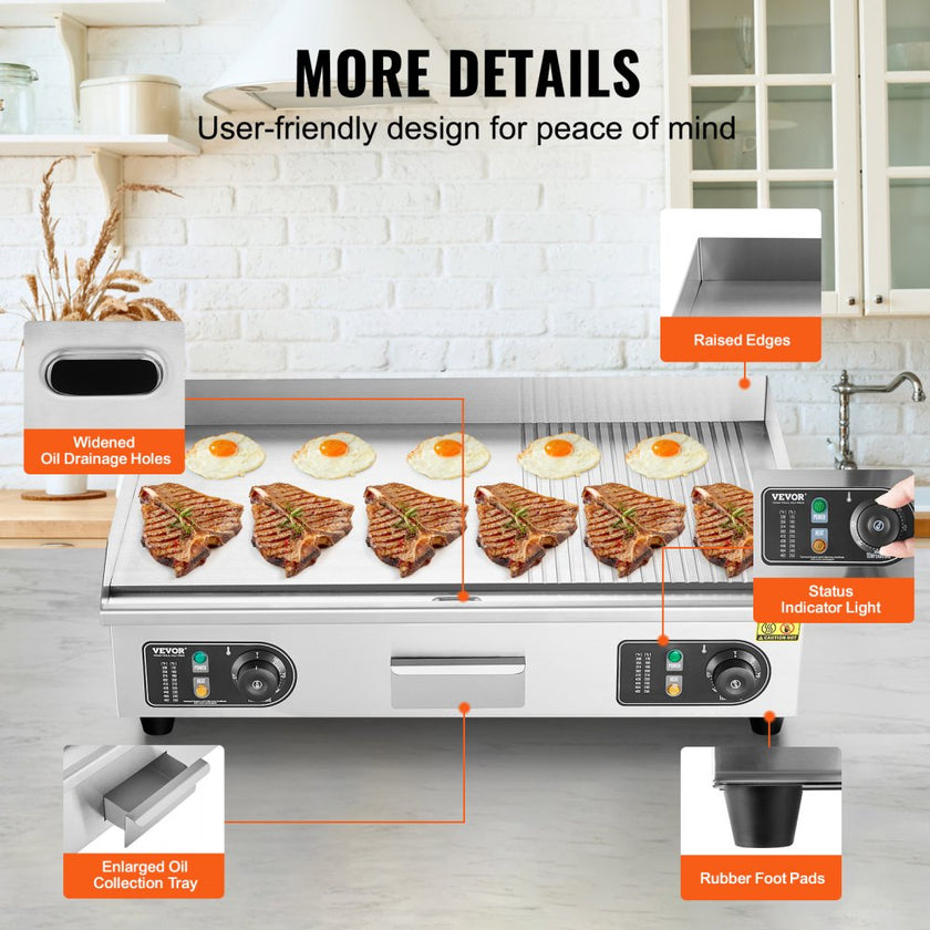 VEVOR Commercial Electric Griddle, 2800W Countertop Half-Flat Top Grill, 122?-572? Adjustable Temp, 28.74x15.75x0.39in Stainless Steel Griddle Grill with 2 Shovels and 2 Brushes for Home or Restaurant