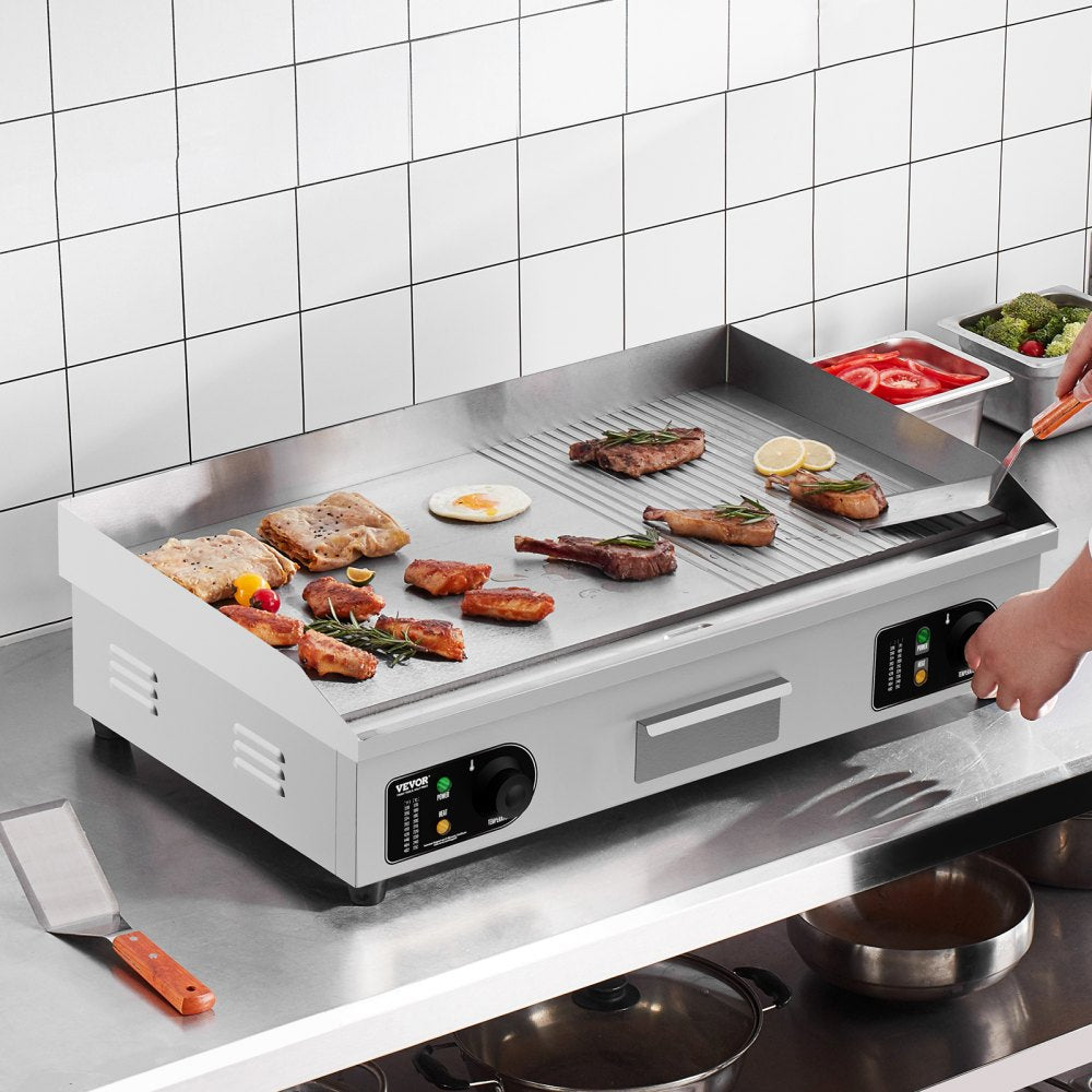 VEVOR Commercial Electric Griddle, 2800W Countertop Half-Flat Top Grill, 122?-572? Adjustable Temp, 28.74x15.75x0.39in Stainless Steel Griddle Grill with 2 Shovels and 2 Brushes for Home or Restaurant