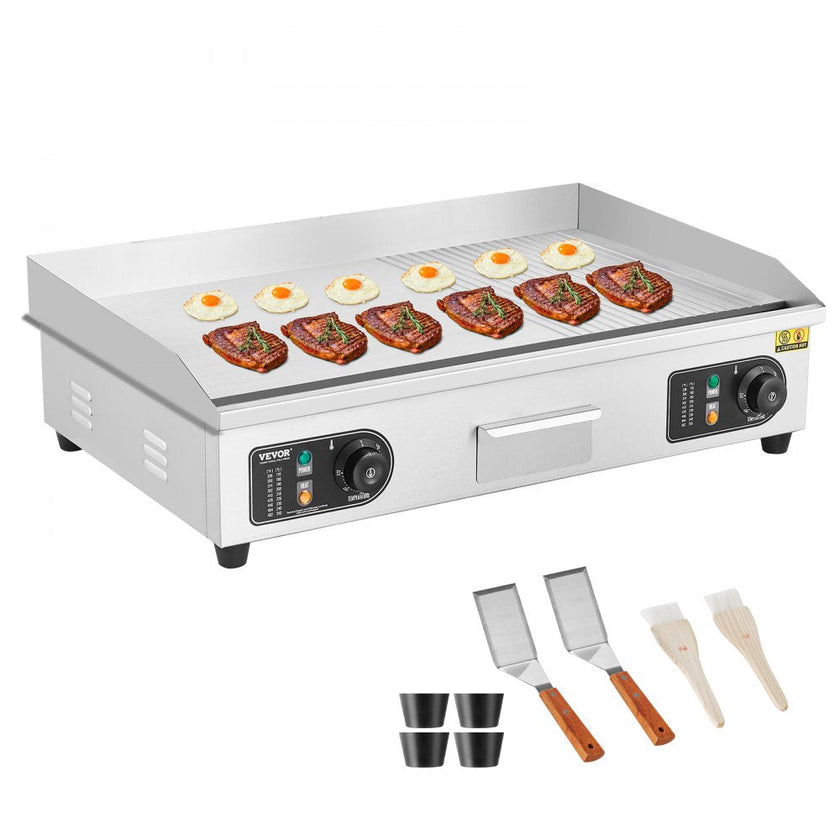 VEVOR Commercial Electric Griddle, 2800W Countertop Half-Flat Top Grill, 122?-572? Adjustable Temp, 28.74x15.75x0.39in Stainless Steel Griddle Grill with 2 Shovels and 2 Brushes for Home or Restaurant