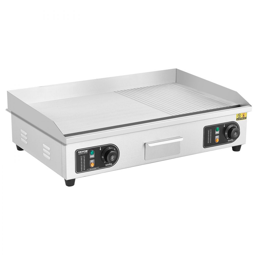 VEVOR Commercial Electric Griddle, 2800W Countertop Half-Flat Top Grill, 122?-572? Adjustable Temp, 28.74x15.75x0.39in Stainless Steel Griddle Grill with 2 Shovels and 2 Brushes for Home or Restaurant