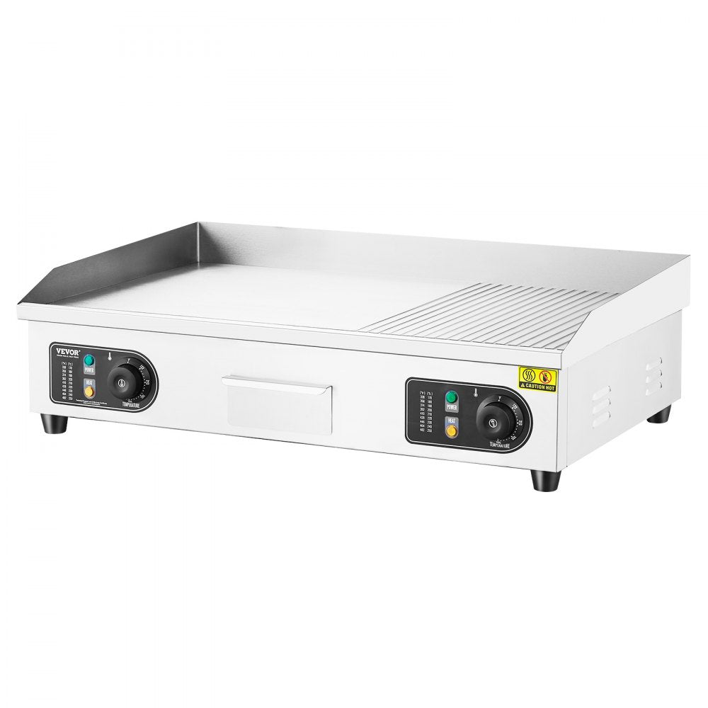 VEVOR Commercial Electric Griddle, 2800W Countertop Half-Flat Top Grill, 122?-572? Adjustable Temp, 28.74x15.75x0.39in Stainless Steel Griddle Grill with 2 Shovels and 2 Brushes for Home or Restaurant