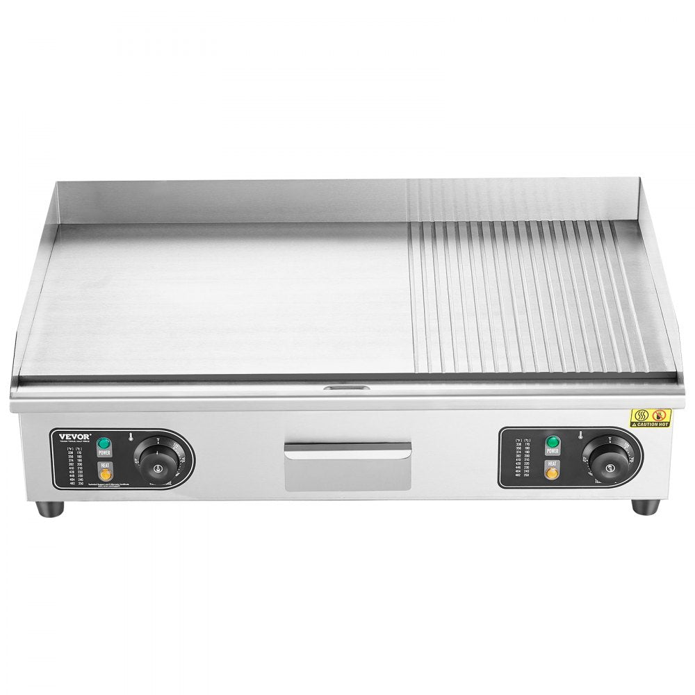 VEVOR Commercial Electric Griddle, 2800W Countertop Half-Flat Top Grill, 122?-572? Adjustable Temp, 28.74x15.75x0.39in Stainless Steel Griddle Grill with 2 Shovels and 2 Brushes for Home or Restaurant