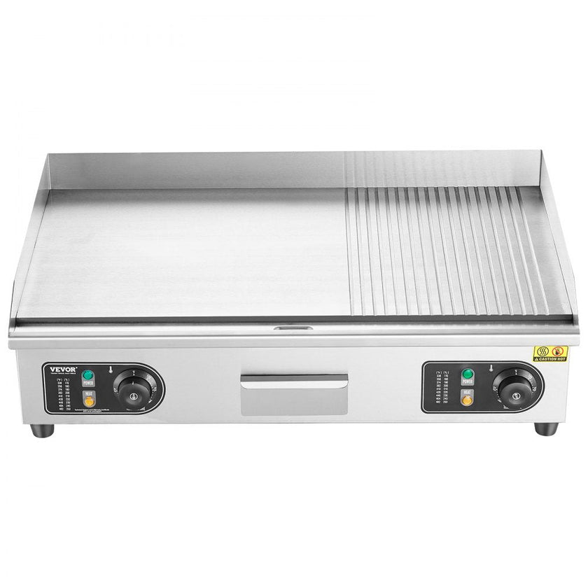 VEVOR Commercial Electric Griddle, 2800W Countertop Half-Flat Top Grill, 122?-572? Adjustable Temp, 28.74x15.75x0.39in Stainless Steel Griddle Grill with 2 Shovels and 2 Brushes for Home or Restaurant