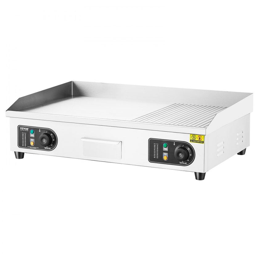 VEVOR Commercial Electric Griddle, 2800W Countertop Half-Flat Top Grill, 122?-572? Adjustable Temp, 28.74x15.75x0.39in Stainless Steel Griddle Grill with 2 Shovels and 2 Brushes for Home or Restaurant