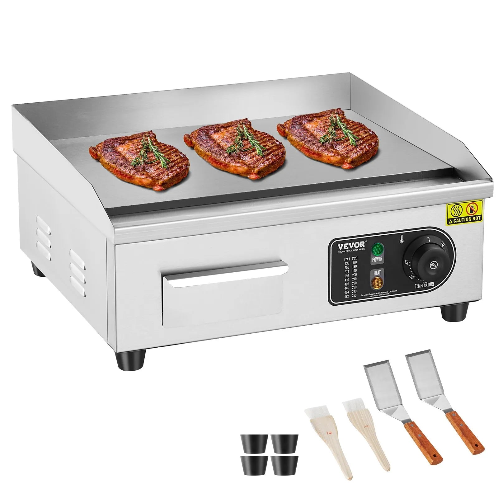VEVOR Commercial Electric Griddle, 1700W Countertop Flat Top Grill, 122℉-572 ℉ Adjustable Temp, 17.72 x 11.81 x 0.39in Stainless Steel Griddle Grill with 2 Shovels and 2 Brushes for Home or Restaurant