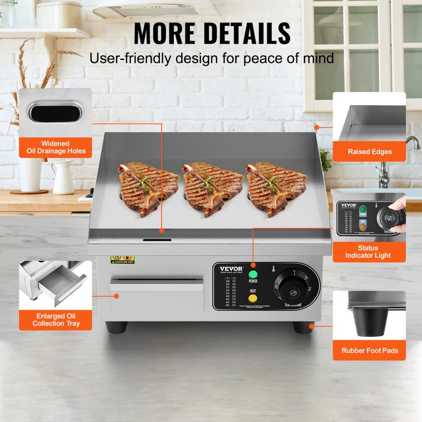 VEVOR Commercial Electric Griddle, 1700W Countertop Flat Top Grill, 122?-572 ? Adjustable Temp, 14.17 x 11.81 x 0.39in Stainless Steel Griddle Grill with 2 Shovels and 2 Brushes for Home or Restaurant