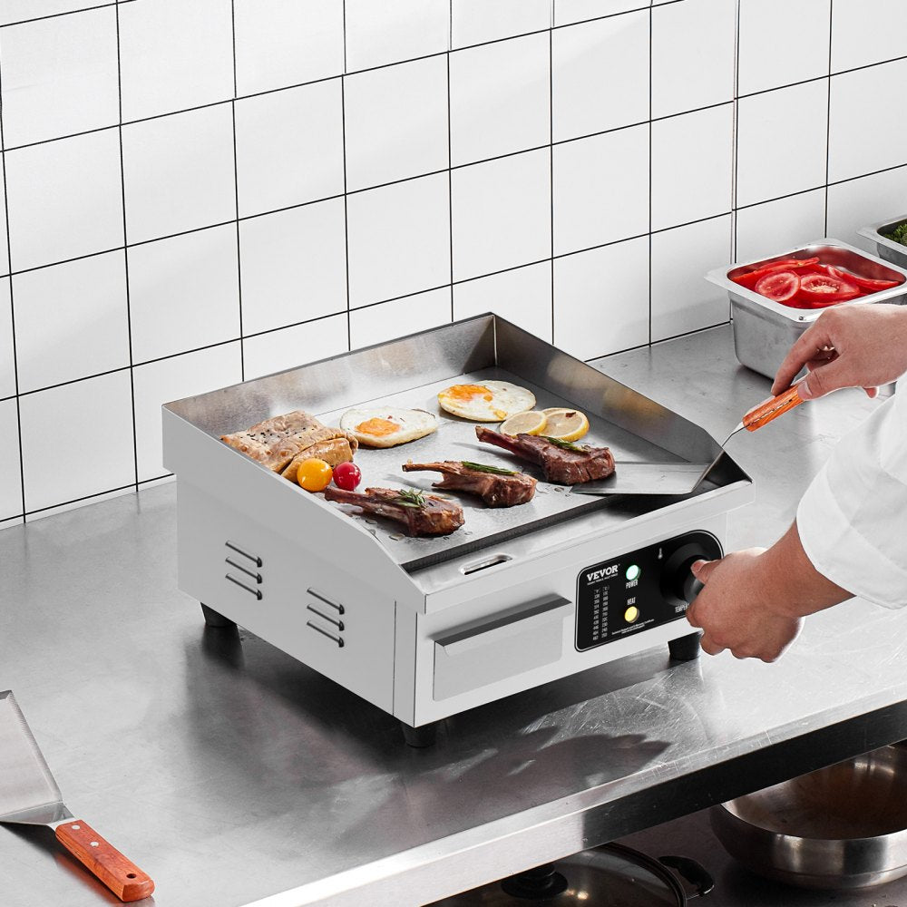 VEVOR Commercial Electric Griddle, 1700W Countertop Flat Top Grill, 122?-572 ? Adjustable Temp, 14.17 x 11.81 x 0.39in Stainless Steel Griddle Grill with 2 Shovels and 2 Brushes for Home or Restaurant