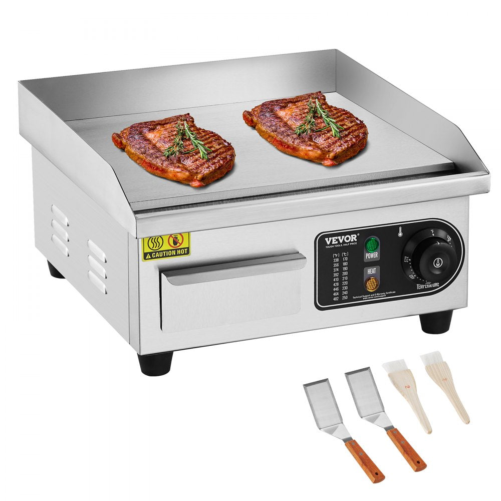 VEVOR Commercial Electric Griddle, 1700W Countertop Flat Top Grill, 122?-572 ? Adjustable Temp, 14.17 x 11.81 x 0.39in Stainless Steel Griddle Grill with 2 Shovels and 2 Brushes for Home or Restaurant
