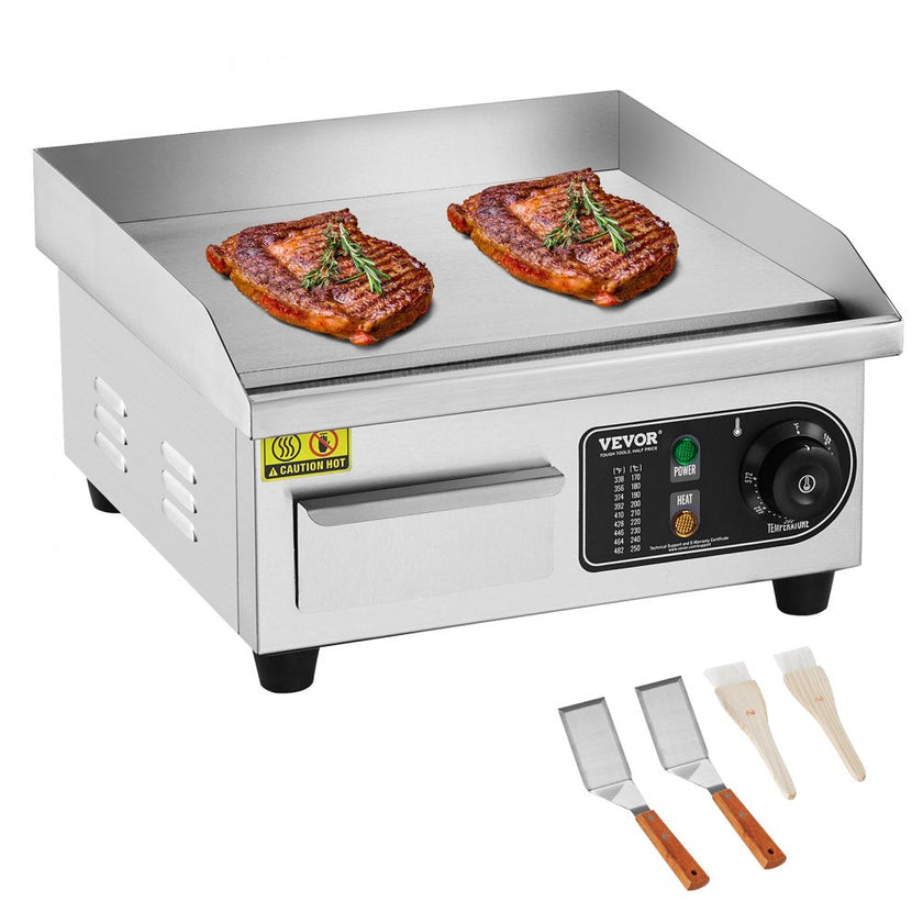 VEVOR Commercial Electric Griddle, 1700W Countertop Flat Top Grill, 122?-572 ? Adjustable Temp, 14.17 x 11.81 x 0.39in Stainless Steel Griddle Grill with 2 Shovels and 2 Brushes for Home or Restaurant