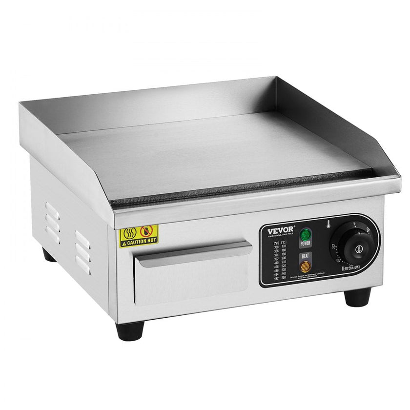 VEVOR Commercial Electric Griddle, 1700W Countertop Flat Top Grill, 122?-572 ? Adjustable Temp, 14.17 x 11.81 x 0.39in Stainless Steel Griddle Grill with 2 Shovels and 2 Brushes for Home or Restaurant