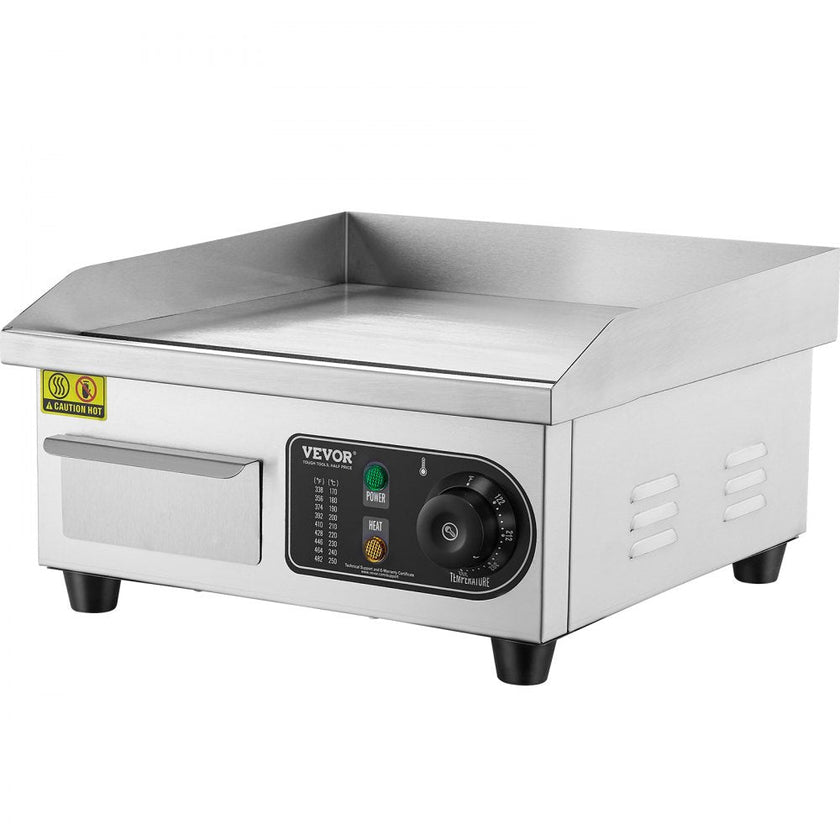VEVOR Commercial Electric Griddle, 1700W Countertop Flat Top Grill, 122?-572 ? Adjustable Temp, 14.17 x 11.81 x 0.39in Stainless Steel Griddle Grill with 2 Shovels and 2 Brushes for Home or Restaurant