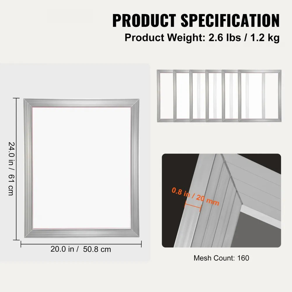 VEVOR Screen Printing Kit, 2 Pieces Aluminum Silk Screen Printing Frames, 20x24inch Silk Screen Printing Frame with 160 Count Mesh, High Tension Nylon Mesh and Sealing Tape for T-shirts DIY Printing