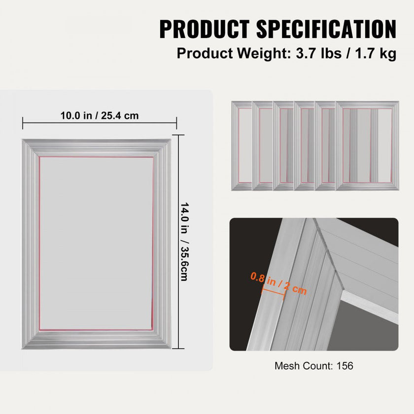 VEVOR Screen Printing Kit, 6 Pieces Aluminum Silk Screen Printing Frames, 10x14inch Silk Screen Printing Frame with 156 Count Mesh, High Tension Nylon Mesh and Sealing Tape for T-shirts DIY Printing