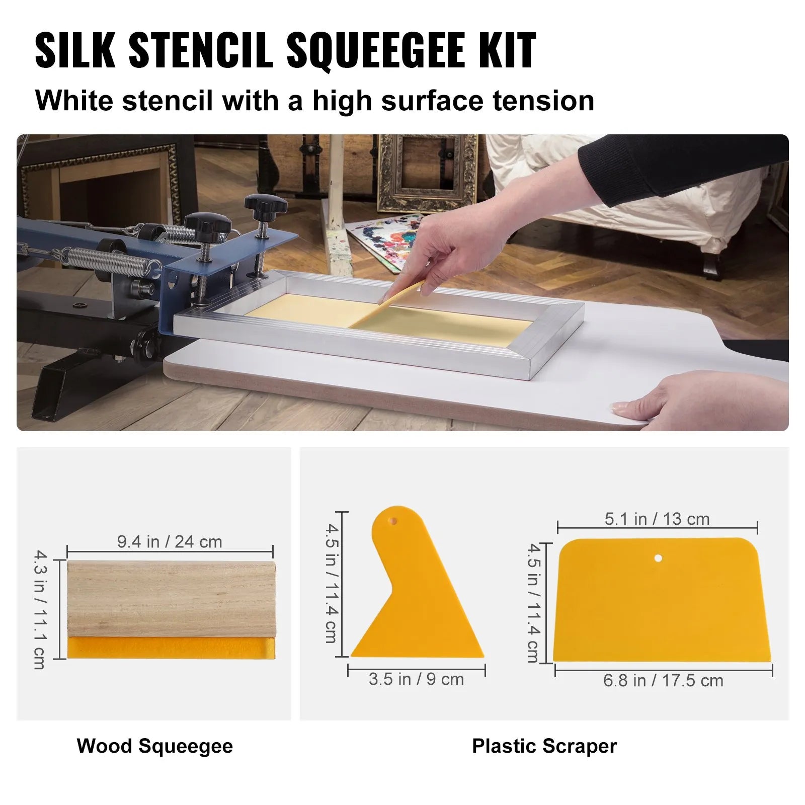 VEVOR Screen Printing Kit, 2 Pieces Aluminum Silk Screen Printing Frames 8x10/10x14in 110 Count Mesh, 2 Tapes and Screen Printing Squeegees and Transparency Films for T-shirts DIY Printing