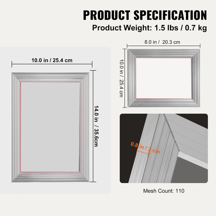 VEVOR Screen Printing Kit, 2 Pieces Aluminum Silk Screen Printing Frames 8x10/10x14in 110 Count Mesh, 2 Tapes and Screen Printing Squeegees and Transparency Films for T-shirts DIY Printing
