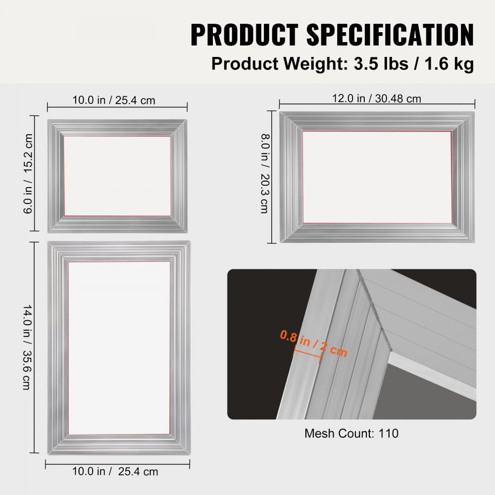 VEVOR Screen Printing Kit, 3 Pieces Aluminum Silk Screen Printing Frames 6x10/8x12/10x14inch 110 Count Mesh, 5 Glitters and Screen Printing Squeegees and Transparency Films for T-shirts DIY Printing