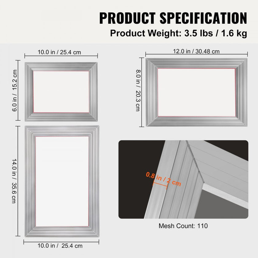 VEVOR Screen Printing Kit, 3 Pieces Aluminum Silk Screen Printing Frames 6x10/8x12/10x14inch 110 Count Mesh, 5 Glitters and Screen Printing Squeegees and Transparency Films for T-shirts DIY Printing