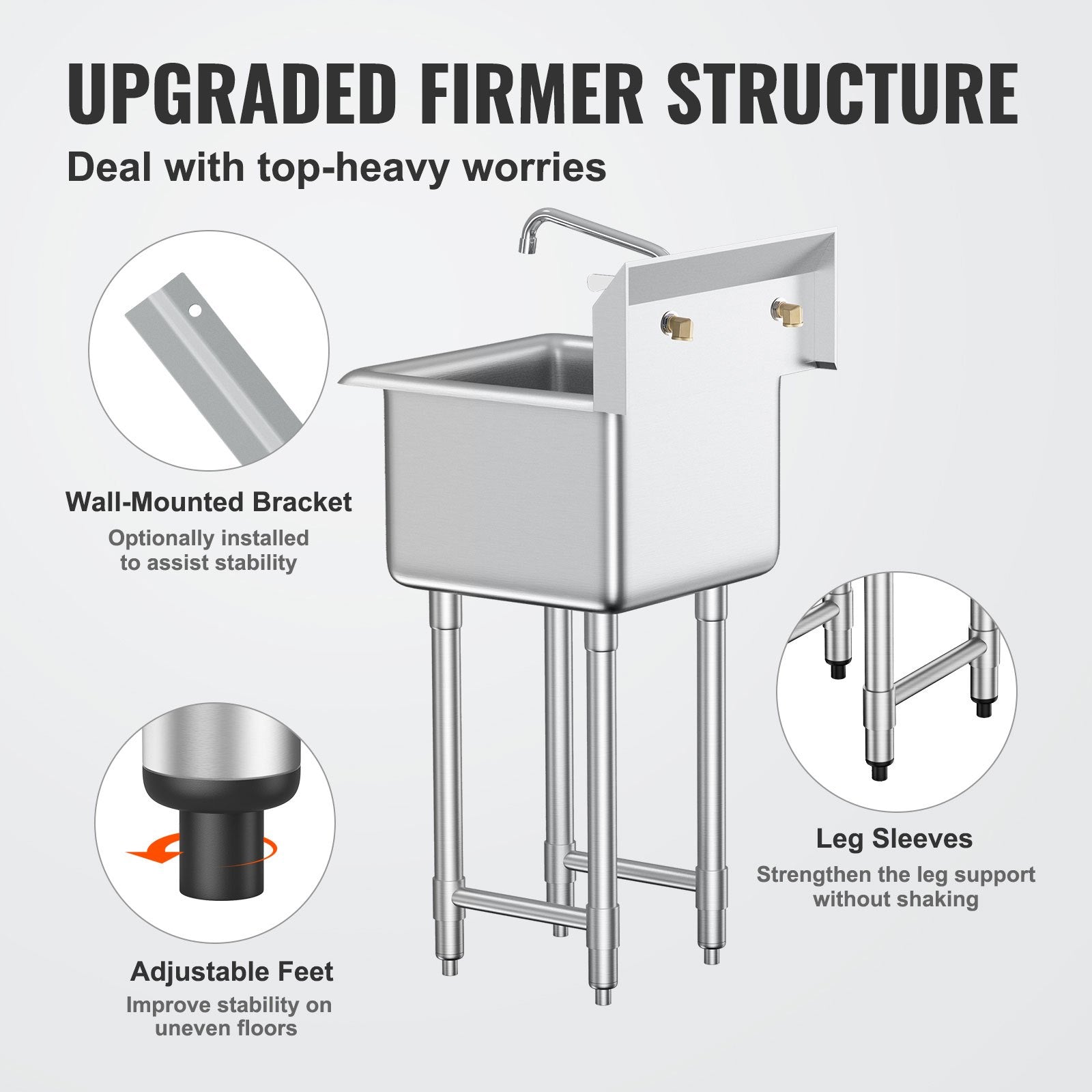 VEVOR Stainless Steel Prep & Utility Sink, 1 Compartment Free Standing Small Sink Include Faucet & legs, 18