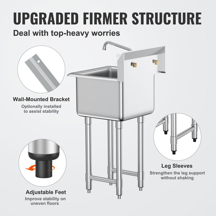 VEVOR Stainless Steel Prep & Utility Sink, 1 Compartment Free Standing Small Sink Include Faucet & legs, 18
