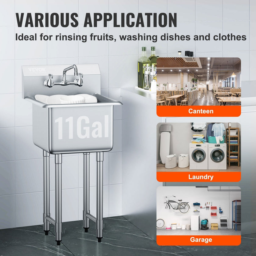 VEVOR Stainless Steel Prep & Utility Sink, 1 Compartment Free Standing Small Sink Include Faucet & legs, 18