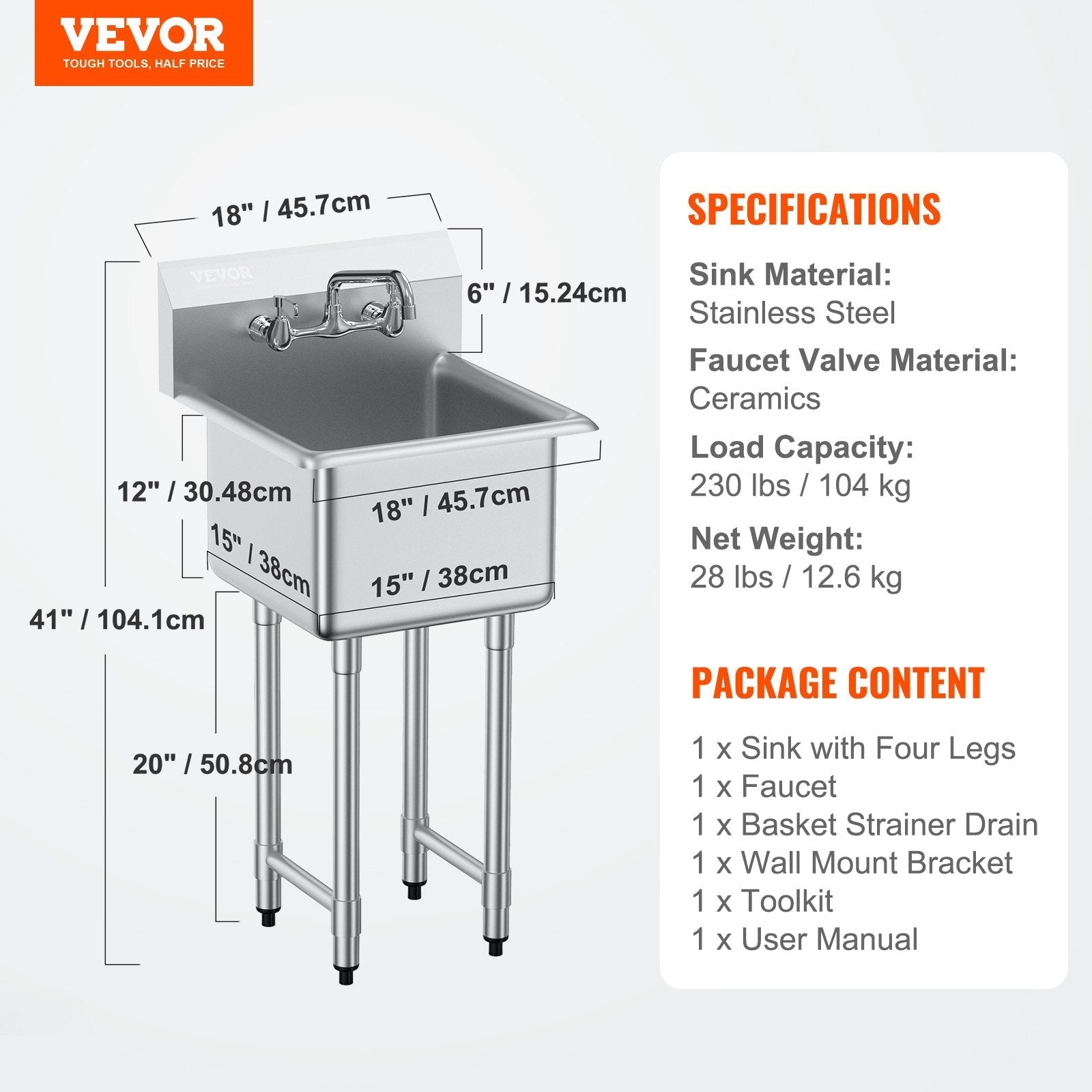 VEVOR Stainless Steel Prep & Utility Sink, 1 Compartment Free Standing Small Sink Include Faucet & legs, 18