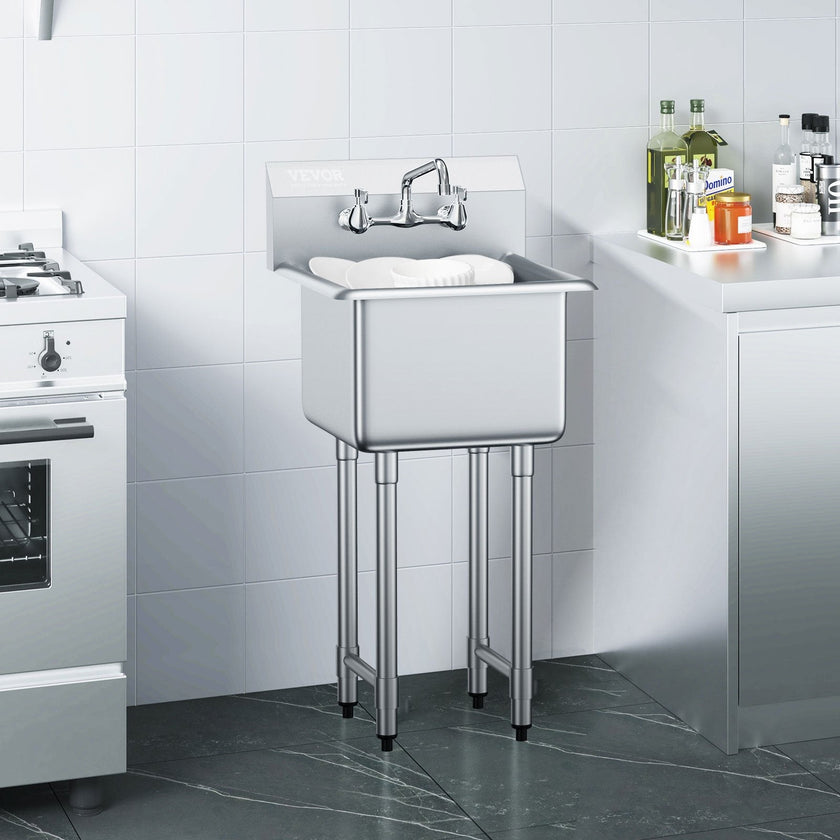 VEVOR Stainless Steel Prep & Utility Sink, 1 Compartment Free Standing Small Sink Include Faucet & legs, 18