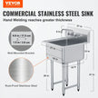 VEVOR Stainless Steel Prep & Utility Sink, 1 Compartment Free Standing Small Sink Include Faucet & legs, 21