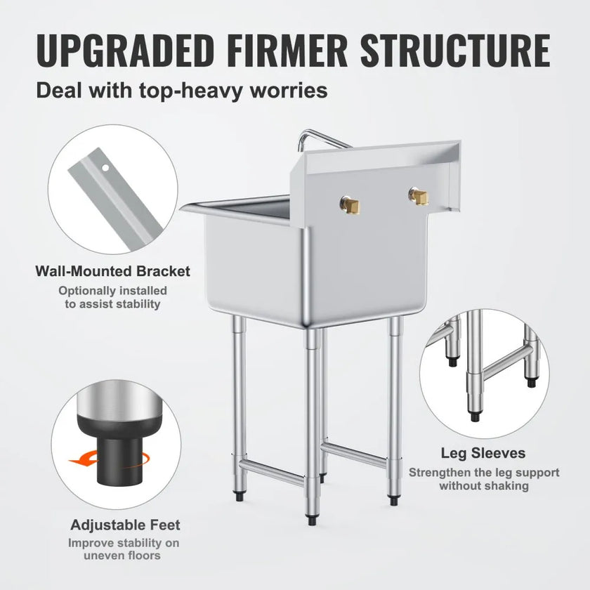 VEVOR Stainless Steel Prep & Utility Sink, 1 Compartment Free Standing Small Sink Include Faucet & legs, 21