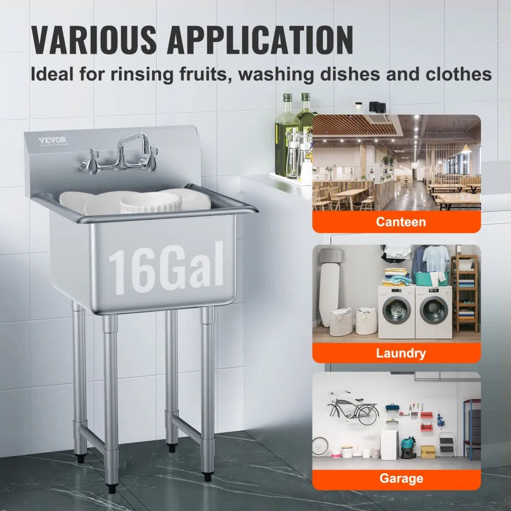 VEVOR Stainless Steel Prep & Utility Sink, 1 Compartment Free Standing Small Sink Include Faucet & legs, 21