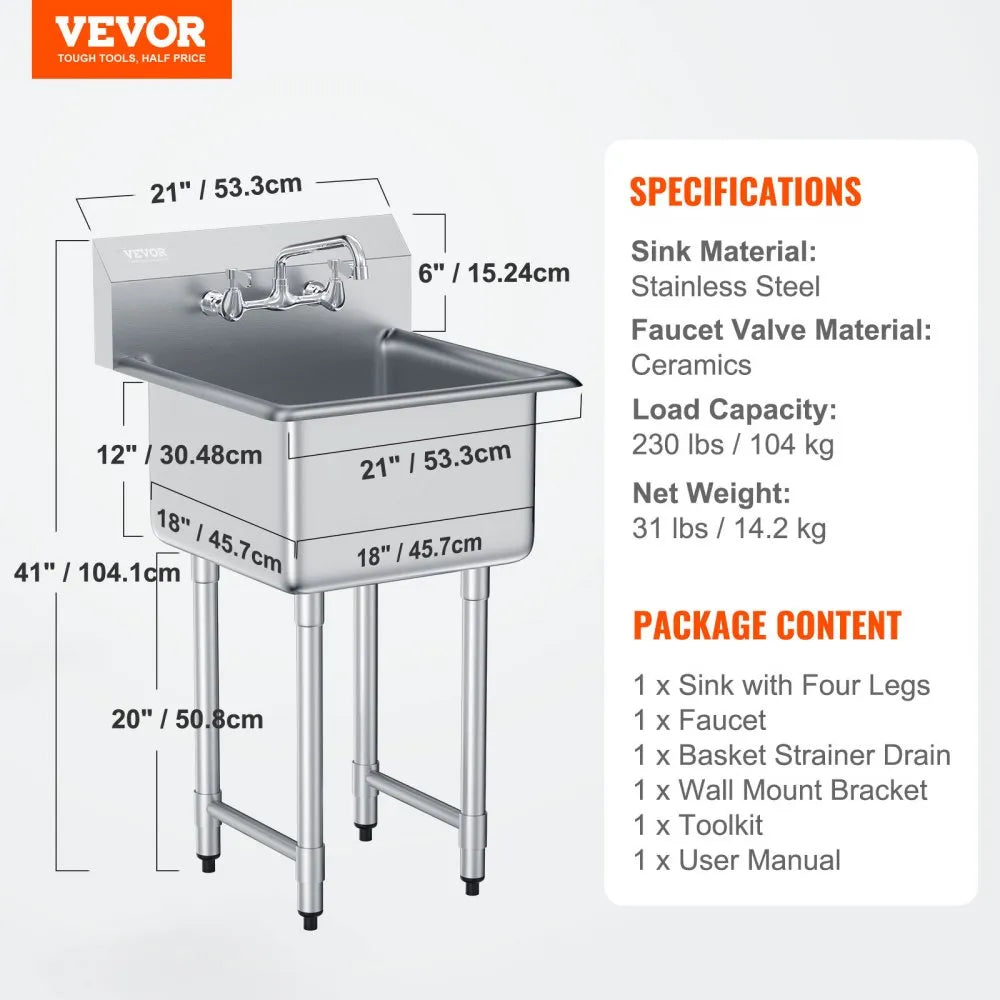 VEVOR Stainless Steel Prep & Utility Sink, 1 Compartment Free Standing Small Sink Include Faucet & legs, 21