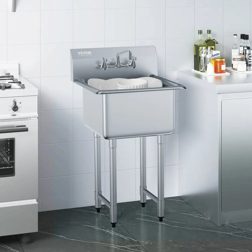 VEVOR Stainless Steel Prep & Utility Sink, 1 Compartment Free Standing Small Sink Include Faucet & legs, 21