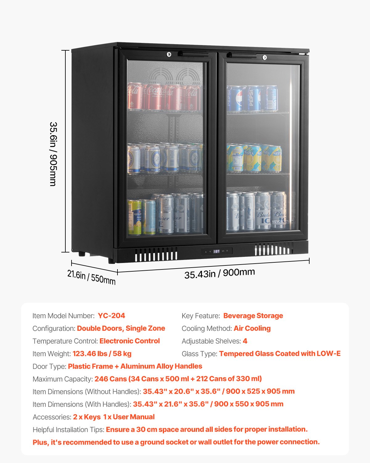 VEVOR Commercial Beverage Refrigerator Cooler 246 Can Fridge with Glass Doors
