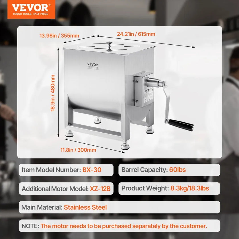 VEVOR Manual Meat Mixer 60L Fixed Tank Mixing Max 60LB for Meat Sausage Mixer