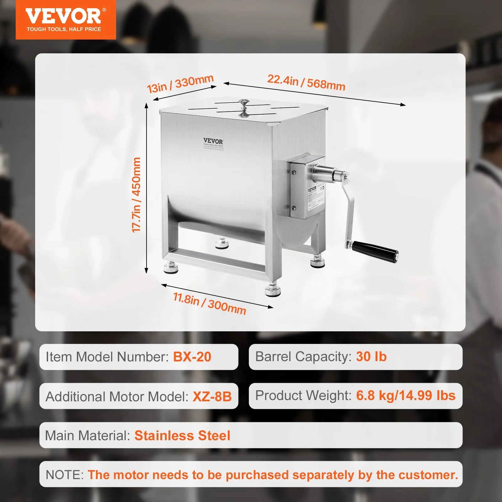 VEVOR Manual Meat Mixer 30L Fixed Tank Mixing Max 30LB for Meat Sausage Mixer