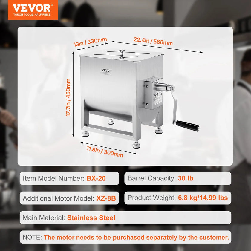 VEVOR Manual Meat Mixer 30L Fixed Tank Mixing Max 30LB for Meat Sausage Mixer