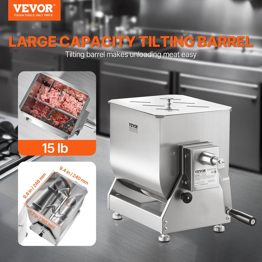 VEVOR Manual Meat Mixer 15L Tilt Tank Mixing Max 15LB for Meat Sausage Mixer