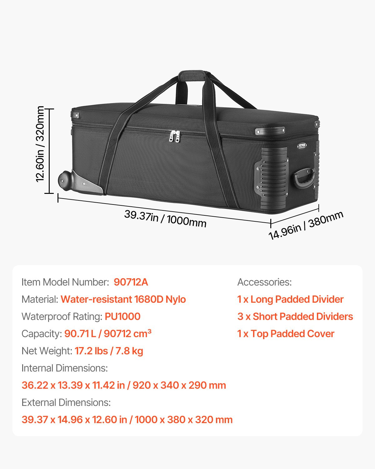 VEVOR Studio Equipment Trolley Case 39.37 x 14.96 x 12.60 in Rolling Camera Bag