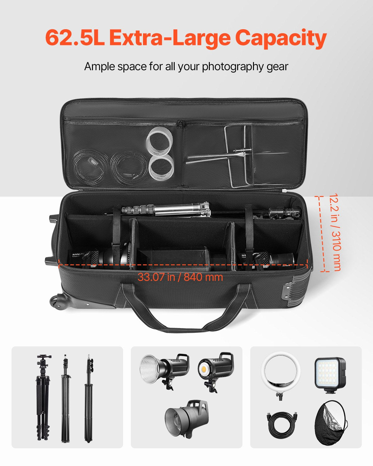 VEVOR Studio Equipment Trolley Case 35.83 x 11.81 x 14 in Rolling Camera Bag