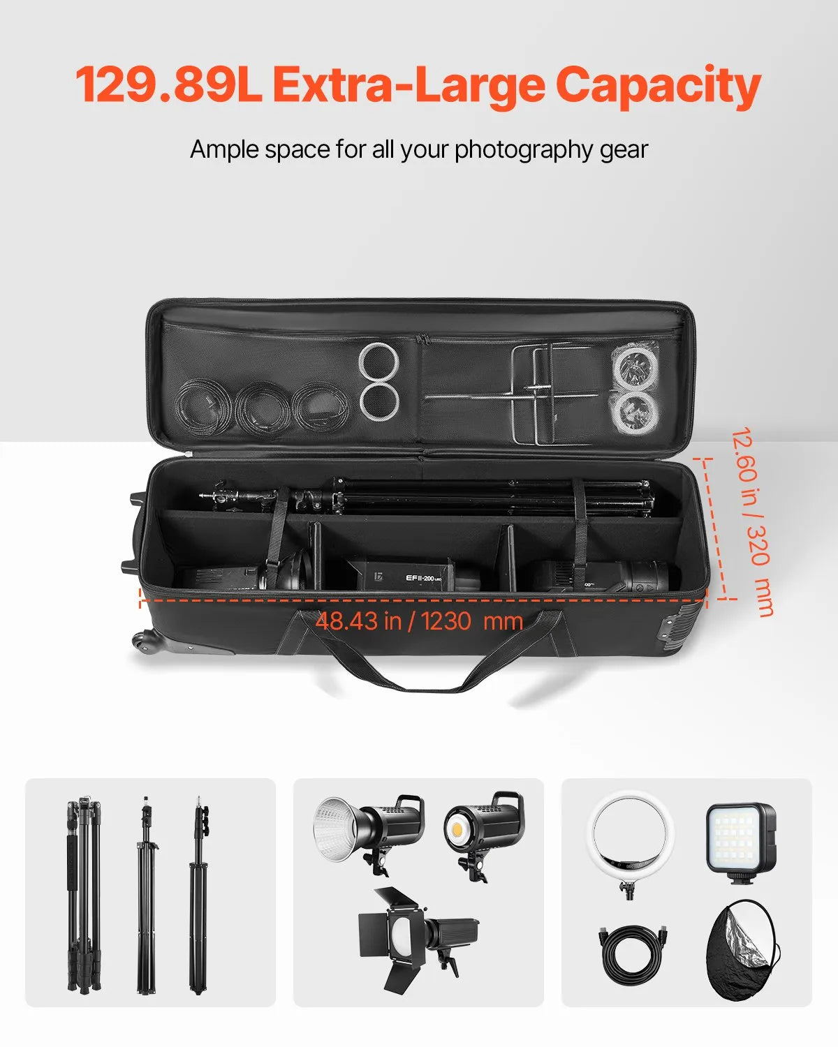 VEVOR Studio Equipment Trolley Case 51.57 x 14.37 x 14.96 in Rolling Camera Bag