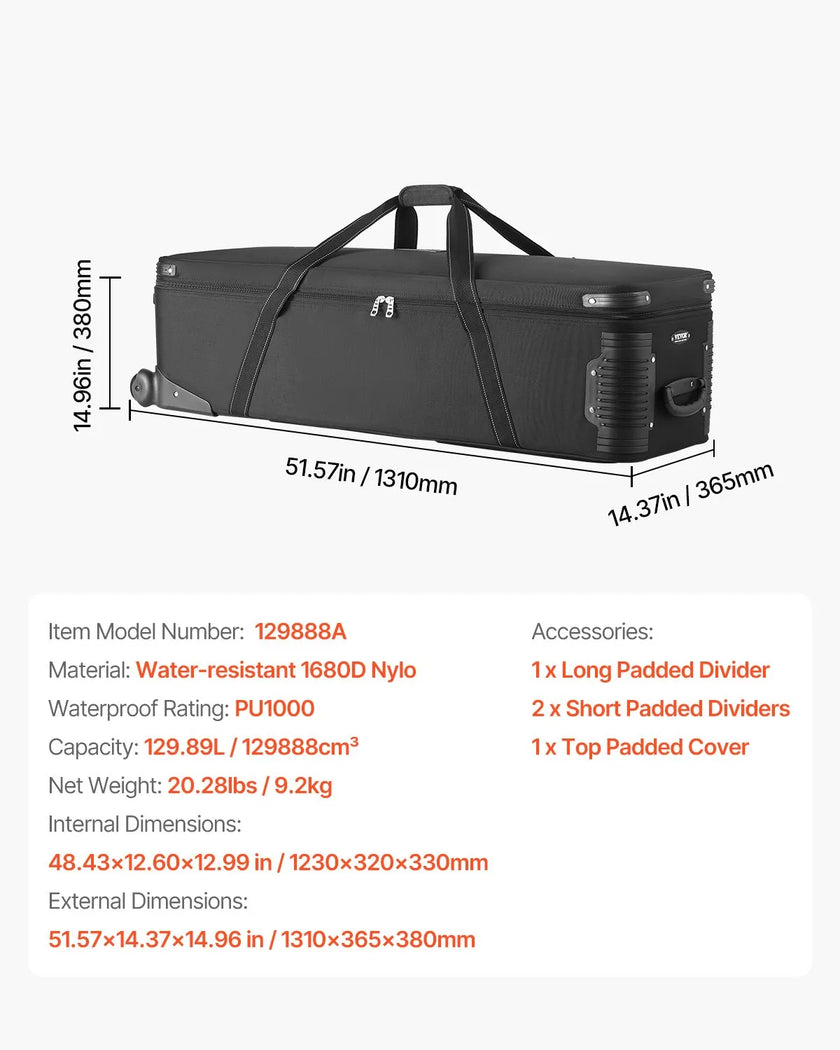 VEVOR Studio Equipment Trolley Case 51.57 x 14.37 x 14.96 in Rolling Camera Bag