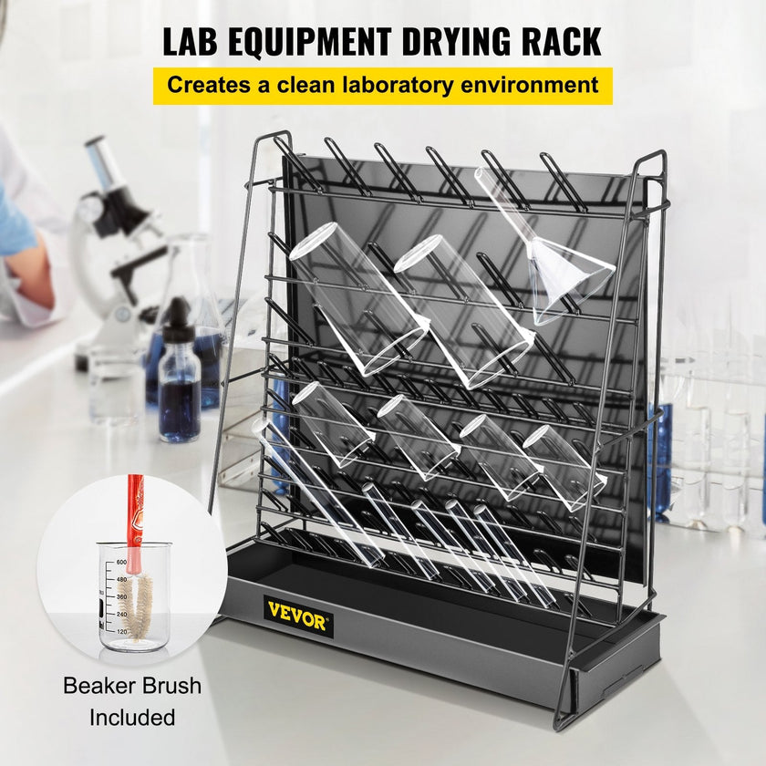 VEVOR Drying Rack for Lab 90 Pegs Lab Glassware Rack Steel Wire Glassware Drying Rack Wall-Mount/Free-Standing Detachable Pegs Lab Glass Drying Rack Black Cleaning Frame for School Laboratory Utensils