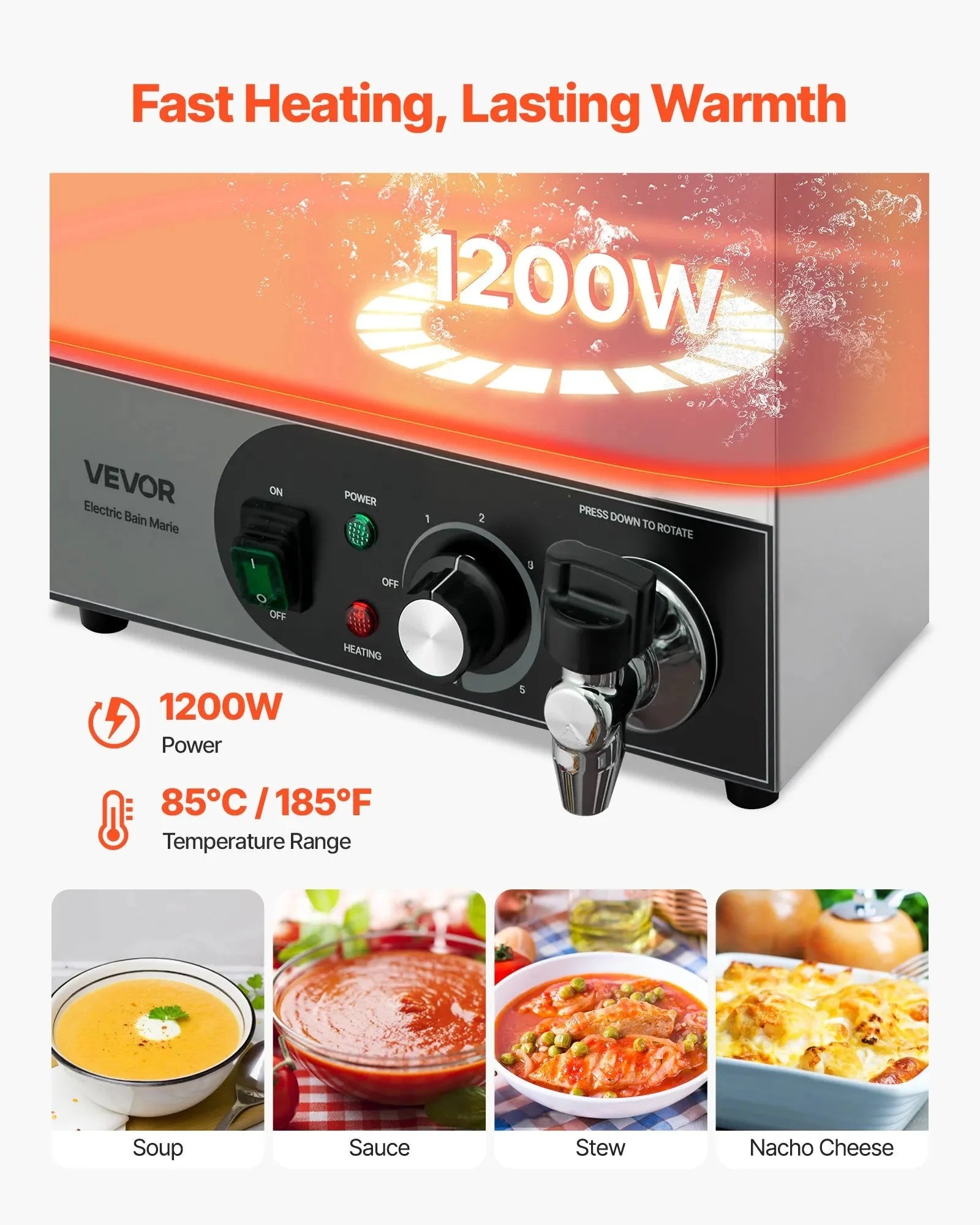VEVOR Commercial Food Warmer, 1200W Electric Stainless Steel Steam Food Warmer, Fast Heating Countertop Buffet Bain Marie with Detachable Power Cord, for Catering, Restaurants, Parties & Buffets