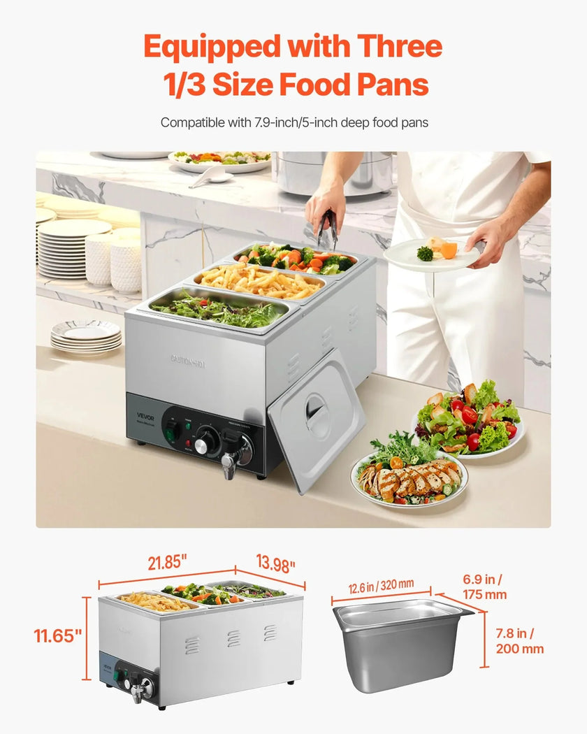 VEVOR Commercial Food Warmer, 1200W Electric Stainless Steel Steam Food Warmer, Fast Heating Countertop Buffet Bain Marie with Detachable Power Cord, for Catering, Restaurants, Parties & Buffets